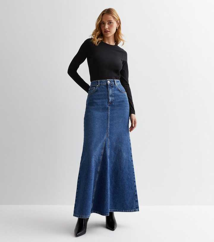 Blue Denim Flared Maxi Skirt