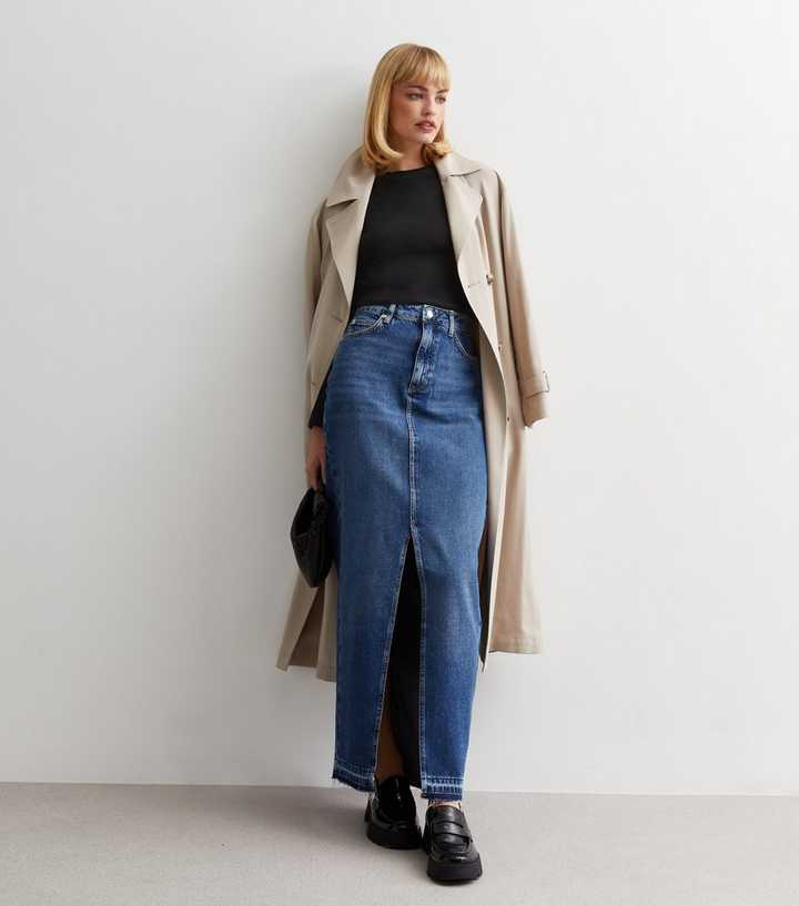 Blue Denim Split Hem Maxi Skirt