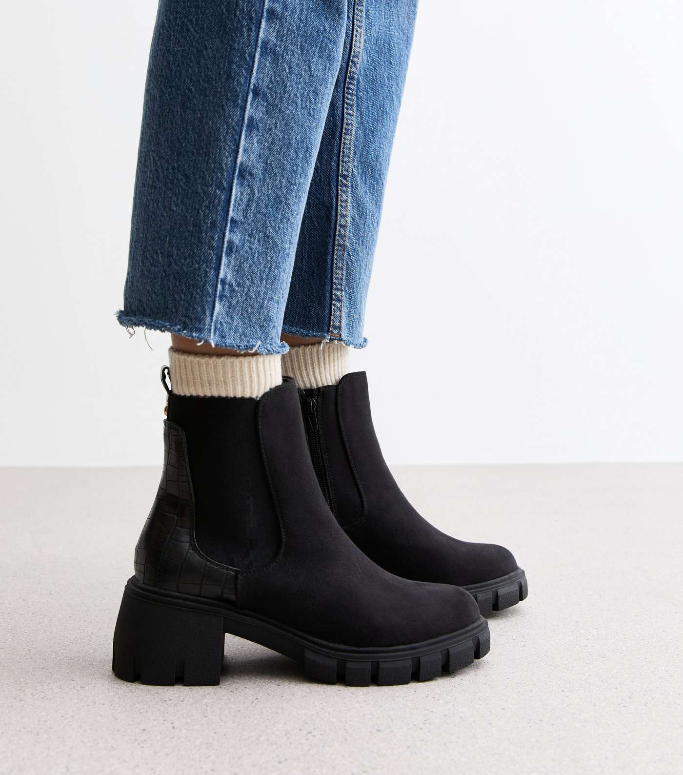 Black Suedette Faux Croc Chunky Block Heel Chelsea Boots Image 2