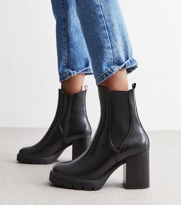 Wide Fit Black Leather-Look Block Heel Boots New Look