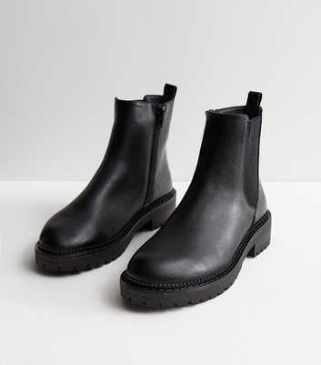 Black Leather-Look Faux Croc Chunky Chelsea Boots