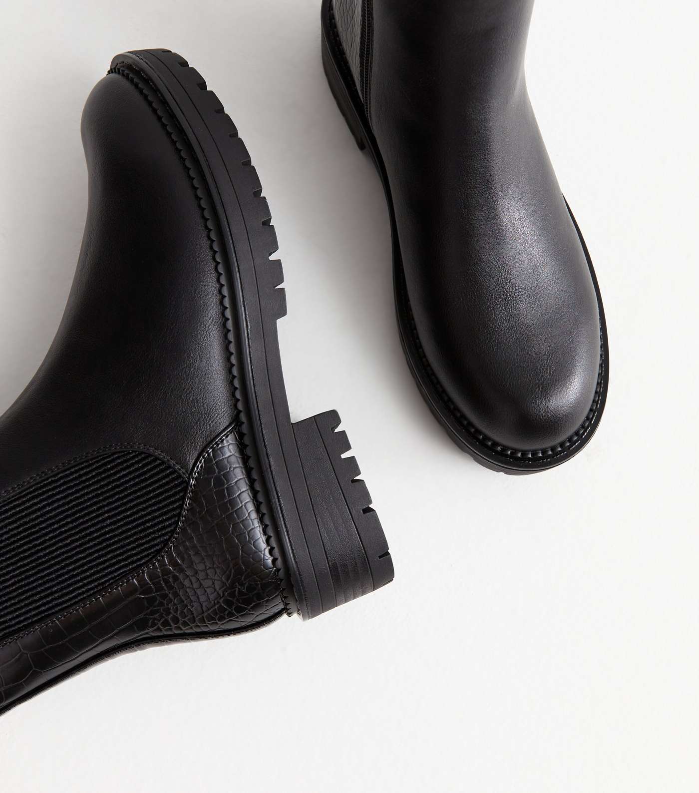 Black Leather-Look Faux Croc Chunky Chelsea Boots Image 3
