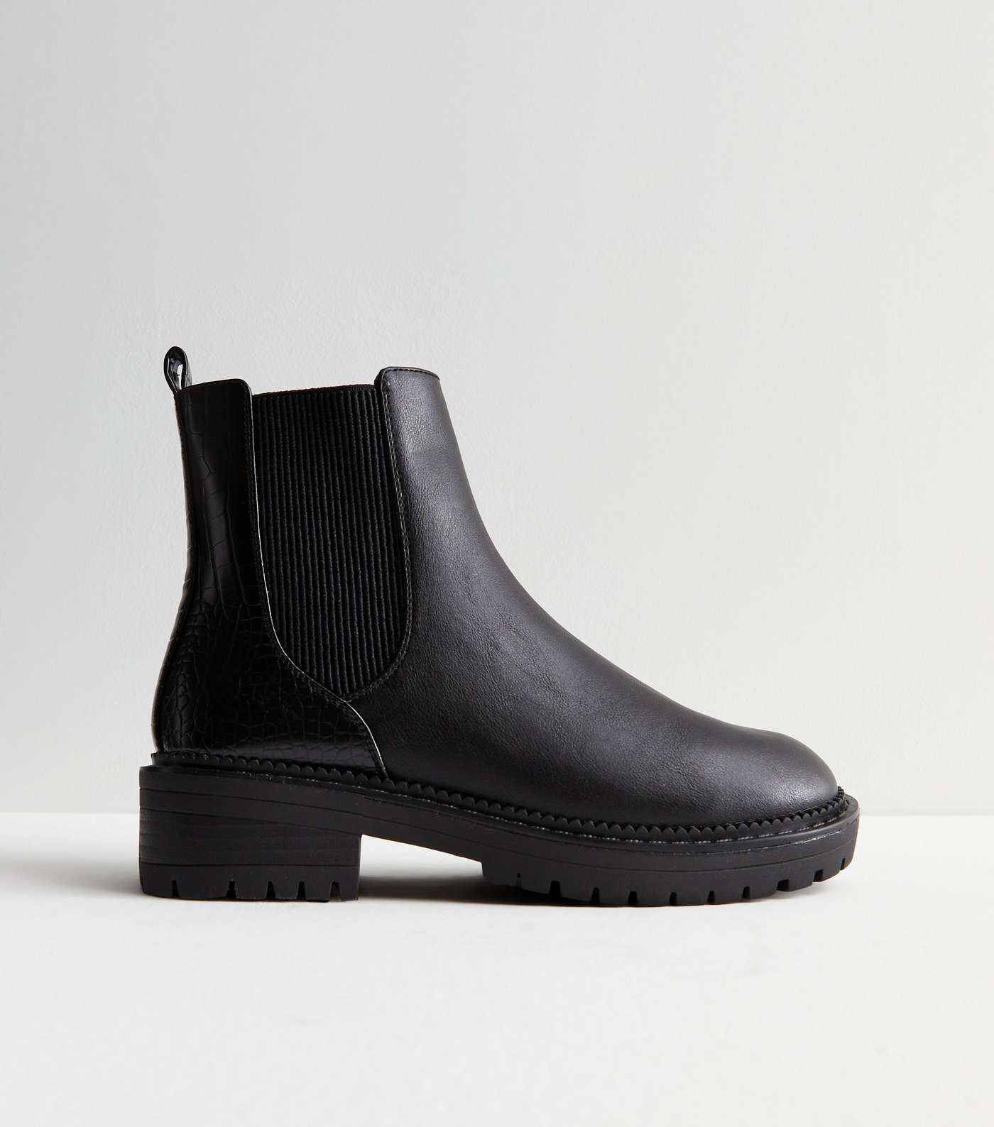 Black Leather-Look Faux Croc Chunky Chelsea Boots Image 5
