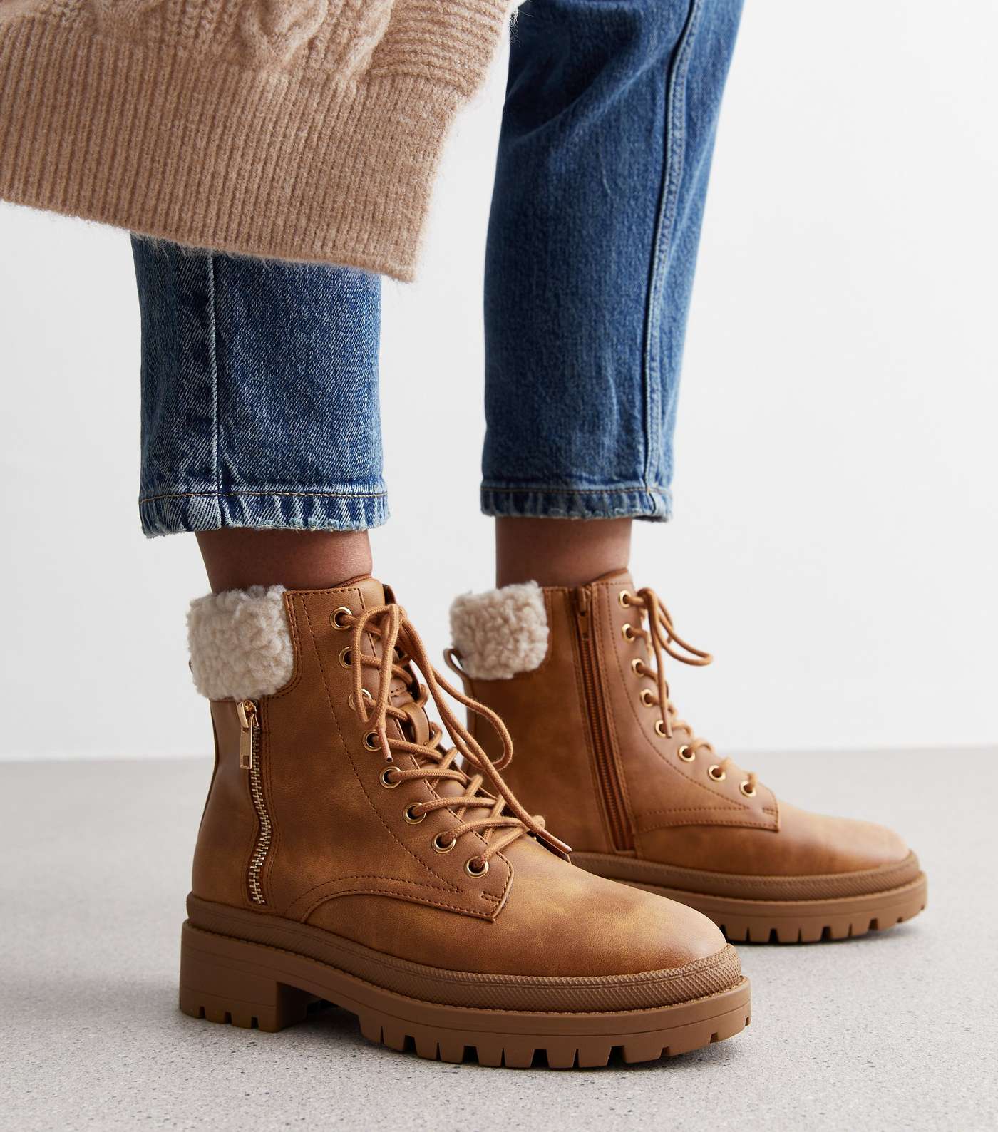 Tan Leather Look Faux Fur Lace Up Boots Image 2