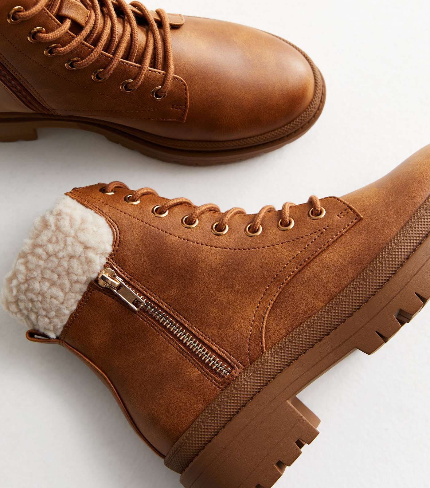 Tan Leather Look Faux Fur Lace Up Boots Image 4