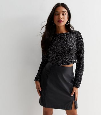 Petite Black Sequin Long Sleeve Crop Top New Look