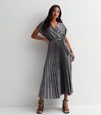 Silver Glitter Pleated Midaxi Dress