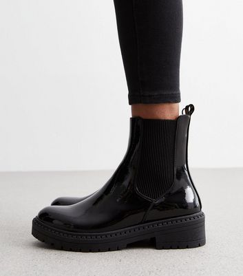 Black Patent Chunky Chelsea Boots New Look