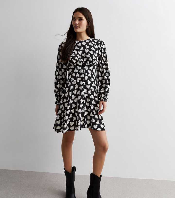 Black Heart Print Puff Sleeve Mini Dress