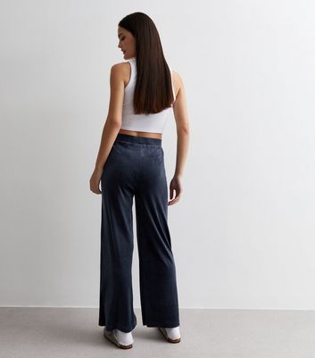 Navy Velour Wide Leg Trousers New Look