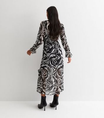 Black Swirl Print Chiffon V Neck Midaxi Dress