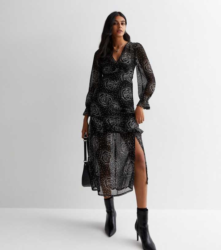 Black Rose Print V Neck Midaxi Dress | New Look