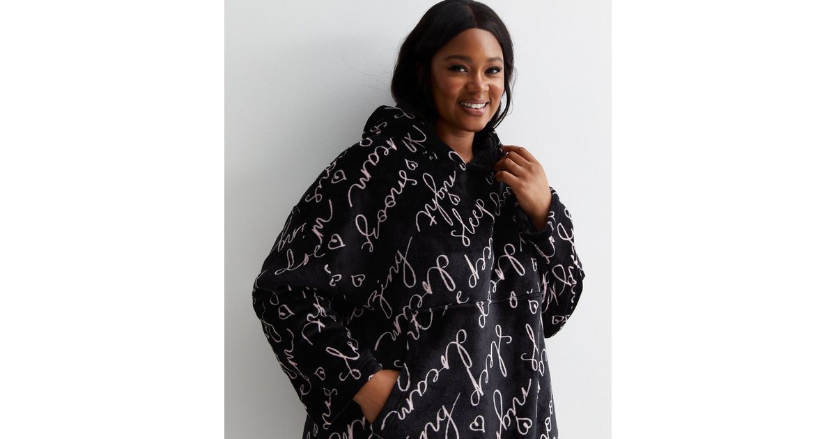 Curves Black Fleece Sleep Script Oversized Blanket Hoodie New Look