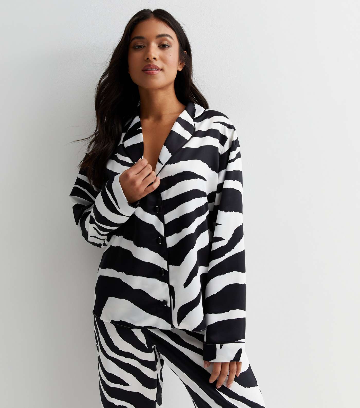 Petite White Satin Trouser Pyjama Set with Zebra Print Image 2