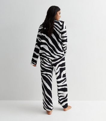 Petite White Satin Trouser Pyjama Set with Zebra Print New Look