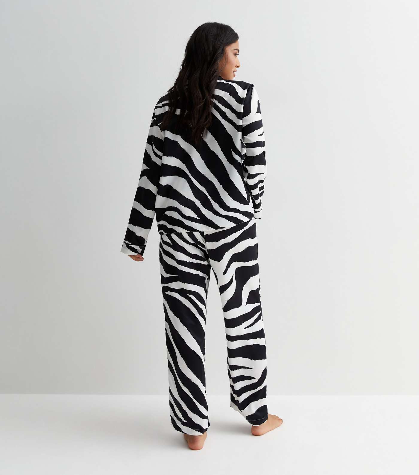 Petite White Satin Trouser Pyjama Set with Zebra Print Image 4