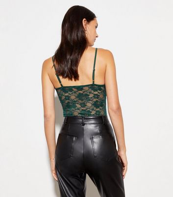 Dark Green Lace Strappy Bodysuit