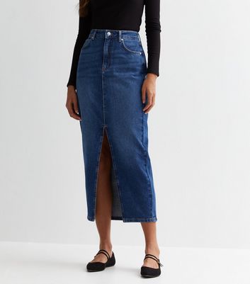 Tall Blue Denim Cotton Mid Rise Split Hem Midi Skirt New Look