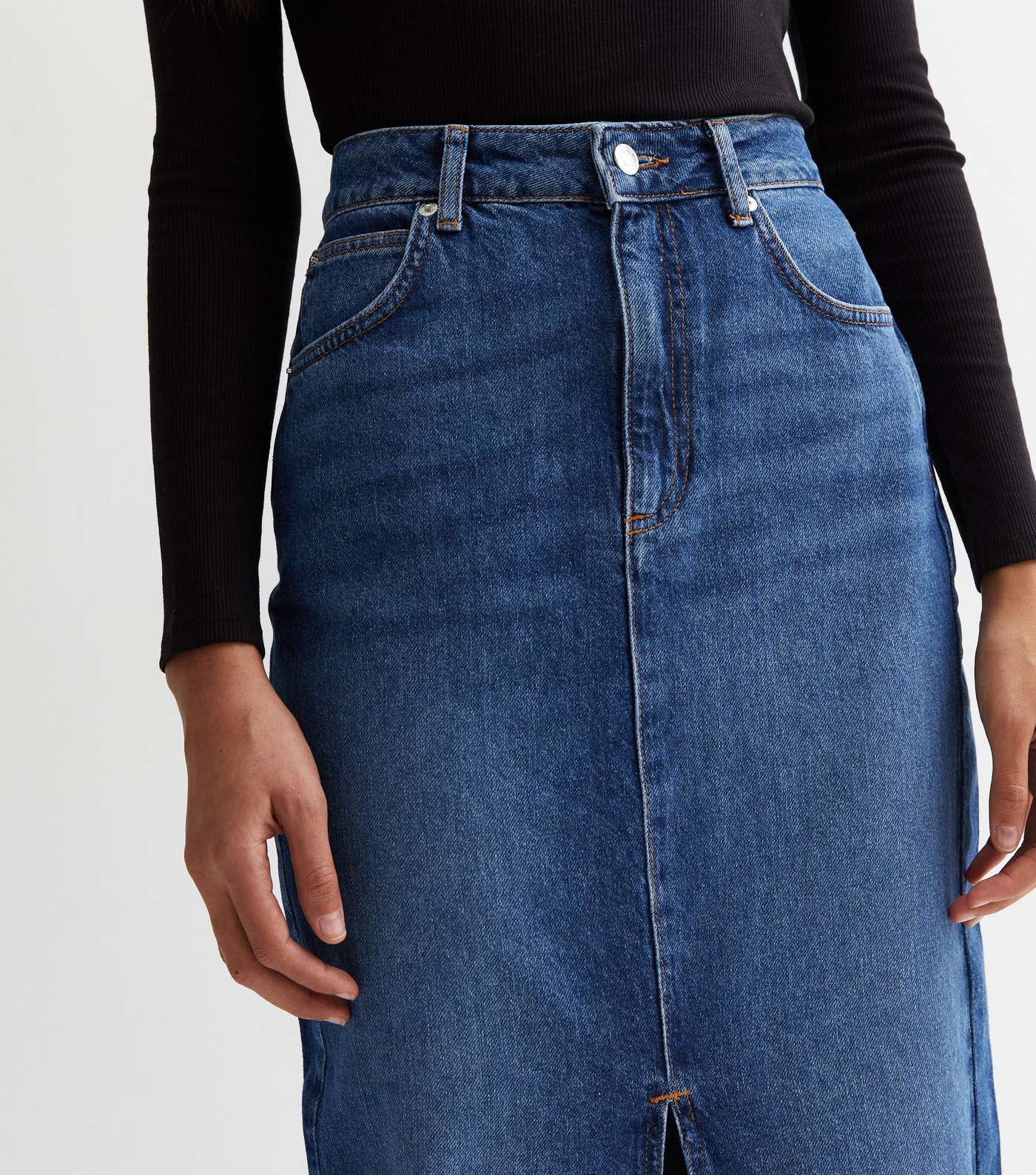 Tall Blue Denim Cotton Mid Rise Split Hem Midi Skirt Image 3