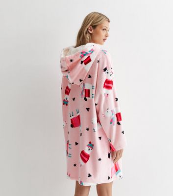 Pink Fleece Llama Print Oversized Hoodie New Look