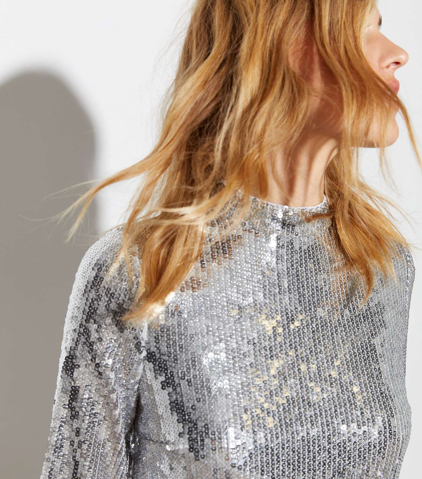 Silver Sequin High Neck Long Sleeve Top Image 3