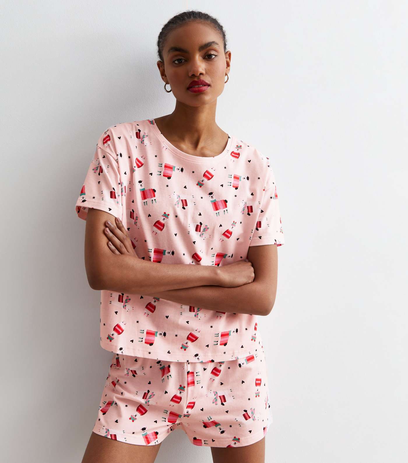 Pink Cotton Short Pyjama Set with Festive Llama Print Image 2