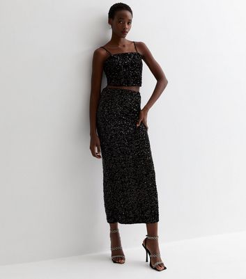 Tall Black Velvet Sequin Midaxi Skirt New Look