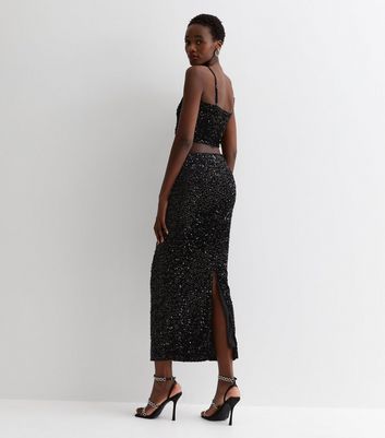 Tall Black Velvet Sequin Midaxi Skirt New Look