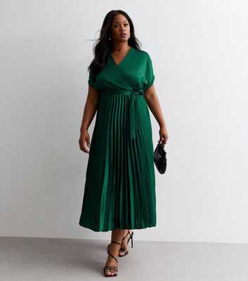 Curves Dark Green Satin Pleated Midaxi Dress