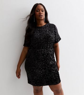 Curves Black Velvet Sequin Short Sleeve Mini Dress New Look