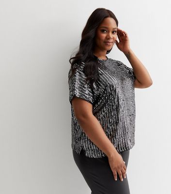 Curves Silver Sequin Stripe T-Shirt New Look