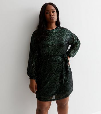 Curves Dark Green Sequin Belted Mini Dress New Look