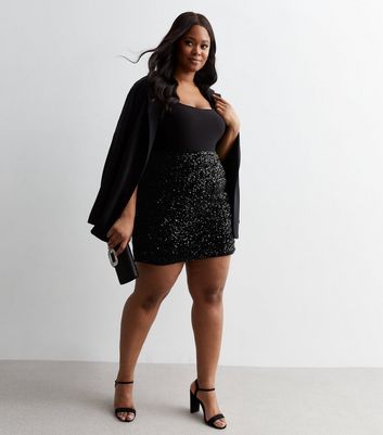 Curves Black Sequin Embellished Mini Skirt New Look