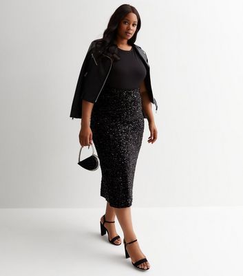 Curves Black Velvet Sequin Midi Skirt New Look