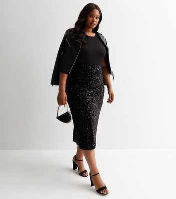 Curves Black Velvet Sequin Midi Skirt