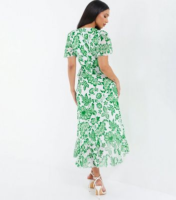 QUIZ Green Floral Wrap Midi Dress New Look