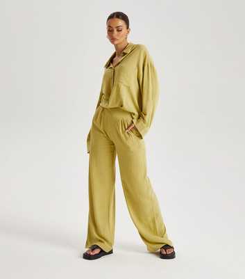 Khaki Linen Blend Drawstring Waist Wide Leg Trousers