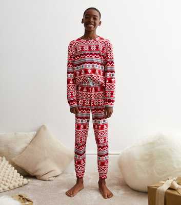Boys Red Jogger Christmas Family Pyjama Set with Fairisle Print