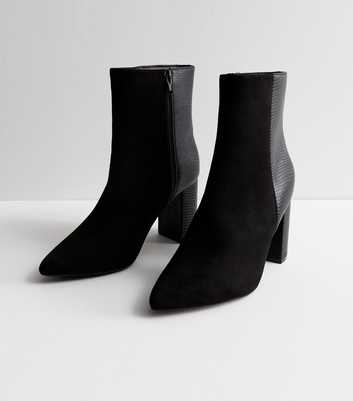 Black Suedette Faux Croc Block Heel Ankle Boots