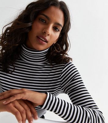 Petite White Stripe Ribbed Long Sleeve Roll Neck Top | New Look