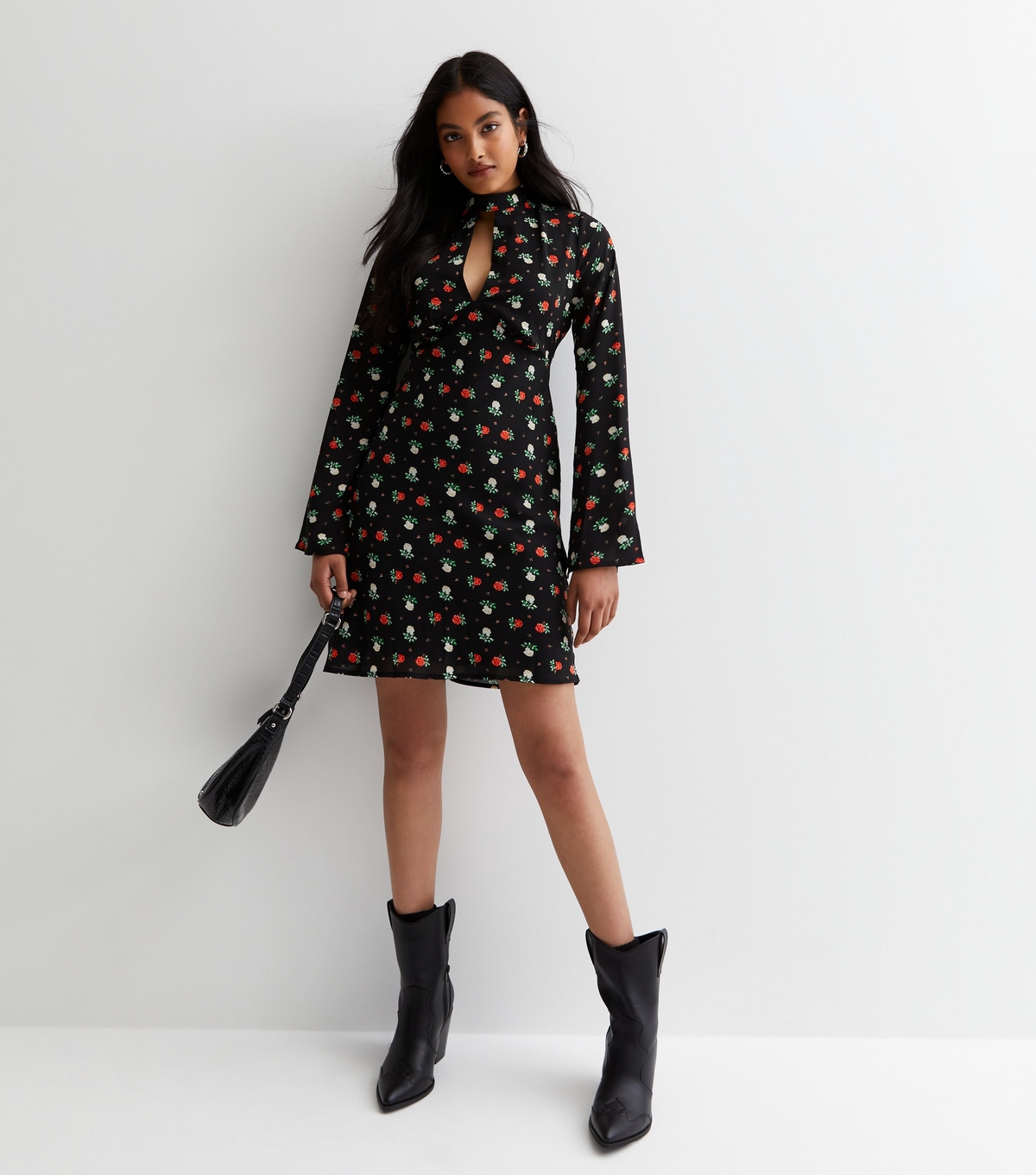 Women's Black Rose Print High Neck Mini Dress Gini London New Look