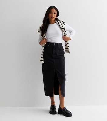 Petite Black Denim Split Hem Maxi Skirt