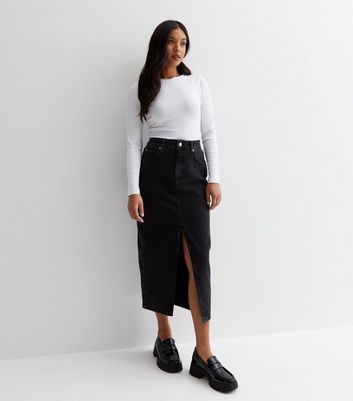Petite Black Denim Split Hem Maxi Skirt New Look