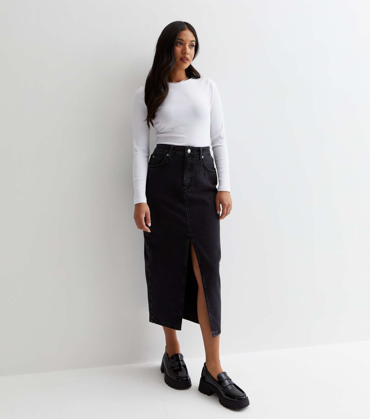 Petite Black Denim Split Hem Maxi Skirt Image 3