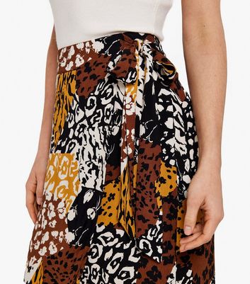 Apricot Brown Animal Print Midi Wrap Skirt New Look