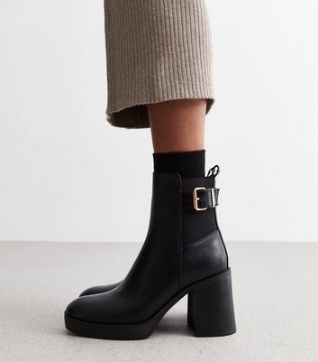 Black Leather-Look Buckle Block Heel Ankle Boots New Look