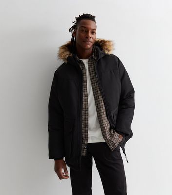Men's Jack & Jones Black Faux Fur Trim Hooded Parka Jacket New Look