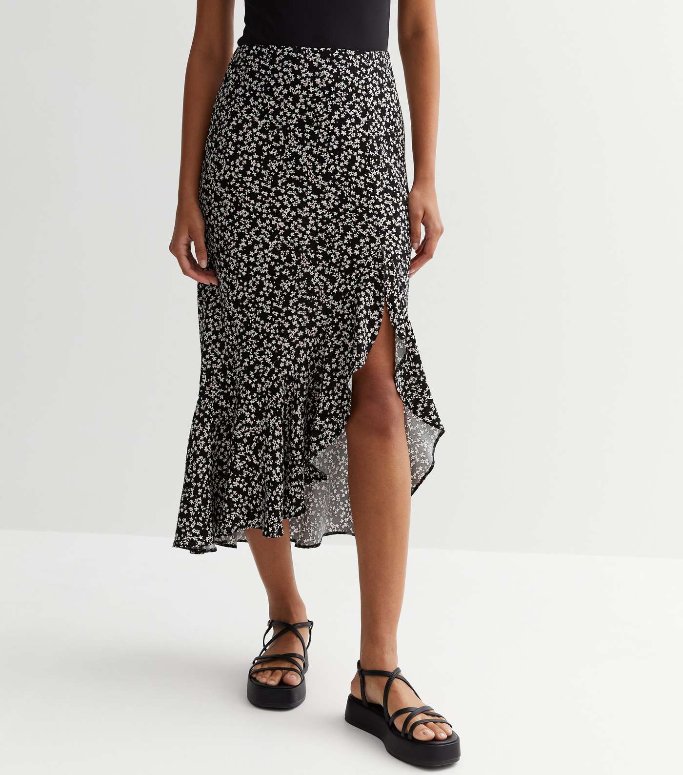 Black Ditsy Floral Ruffle Midaxi Skirt Image 3