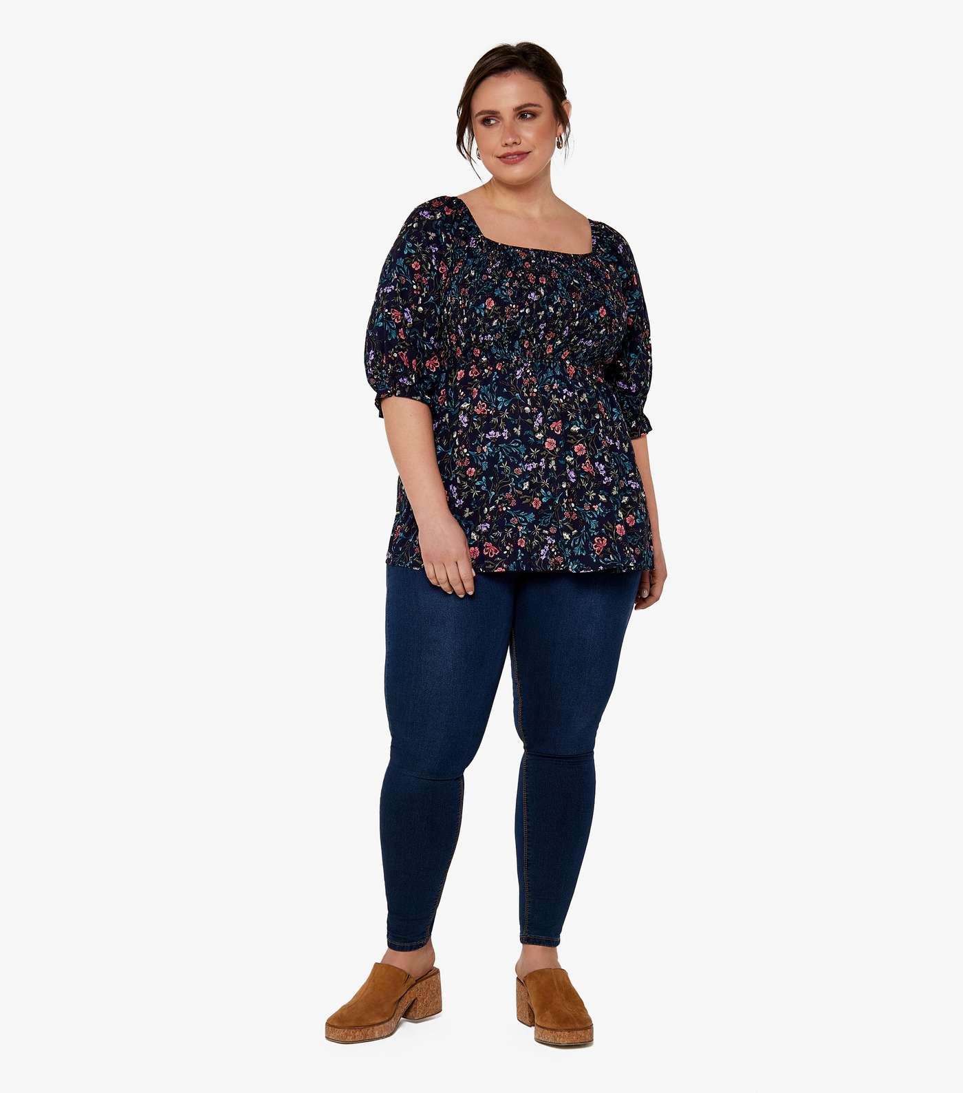Apricot Curves Navy Floral Peplum Top Image 2