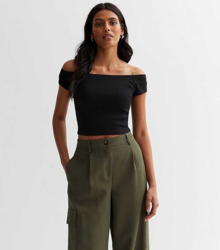 Black Cotton Bardot Crop Top
